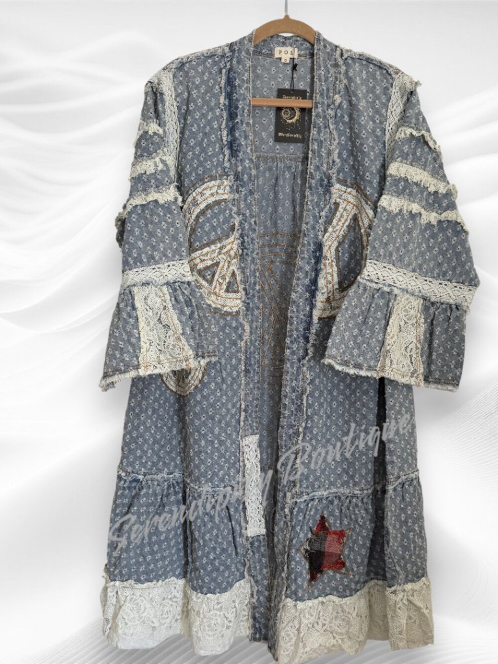POL NWT Denim Eyelet Lace Peace Sign Maxi Duster Kimono Jacket Boho Festival - Picture 5 of 11